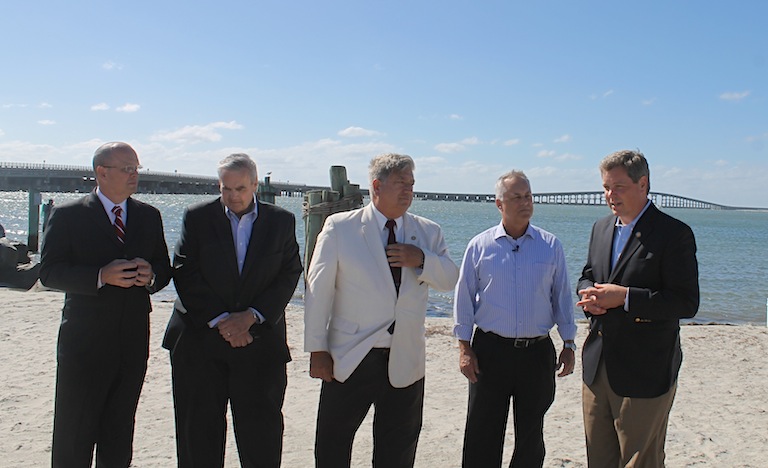 State officials at Hatteras Inlet press conference, Tuesday, September 21. L to R: Chief Deputy Secretary of Operations, Jim Trogdon; Warren Judge, Chair Dare County Commissioners; State Senator Bill Cook; State Transportation Secretary Tony Tata; State Representative Paul Tine.