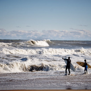 Dressed for winter surfing on the Outer Banks.
