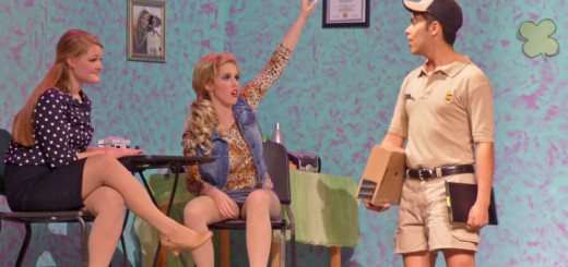 LtoR-Sarah Vercauteren as Elle Woods, Kendyl Cosgrove as Poulette and Jose Valle as Kyle the UPS Driver.