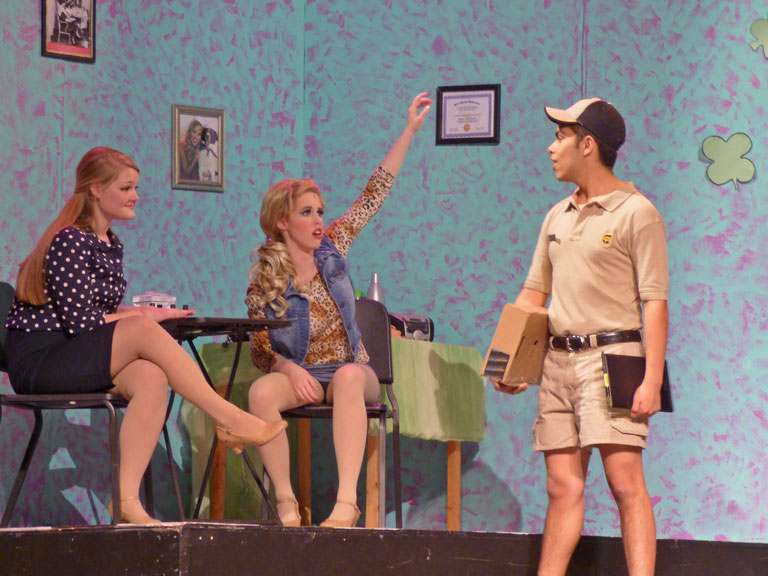 LtoR-Sarah Vercauteren as Elle Woods, Kendyl Cosgrove as Poulette and Jose Valle as Kyle the UPS Driver.