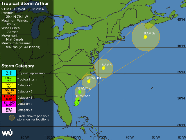 Weather Underground track of Hurricane Arthur at 11a.m. 7/2.