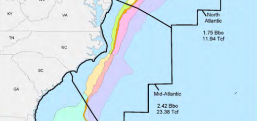 BOEM map showing lease areas in blocks and areas considered most likely to yield petroleum resources.