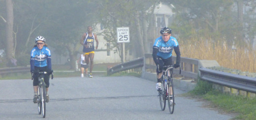 Coming over the Moor Shore Road bridge in Kitty Hawk with race winner Will Christian in the lead.