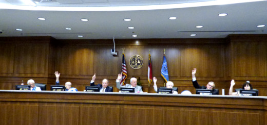 Dare County Commissioners voting "aye" in support of a resolution opposing offshore drilling.