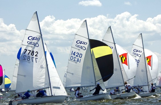 Wind at their back and Spinnakers set at the Club 420 Nationals.