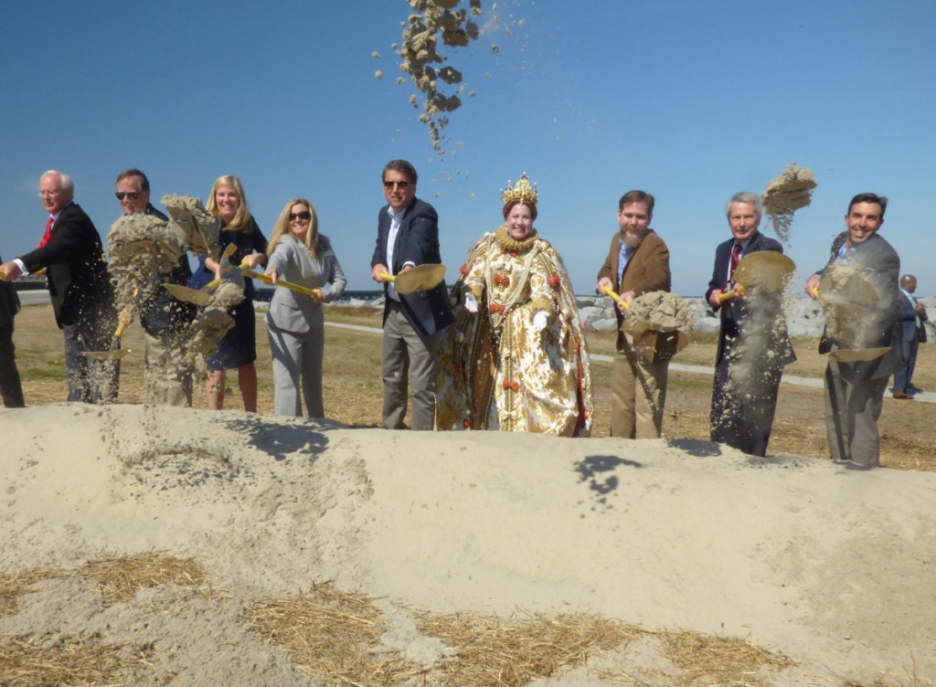 Groundbreaking. (LtoR) Bob Woodard, Chair Dare County Commissioners; Nicholas Tennyson, Secretary NCDOT; Shelley Blake, NCDOT lead counsel; Beth Midgett, bridge advocate; Governor Pat McCrory; Queen Elizabeth I; Lance Culpepper, The Lost Colony; Representative Walter Jones; Mike Charbonneau - Deputy Secretary of Communications, NCDOT.