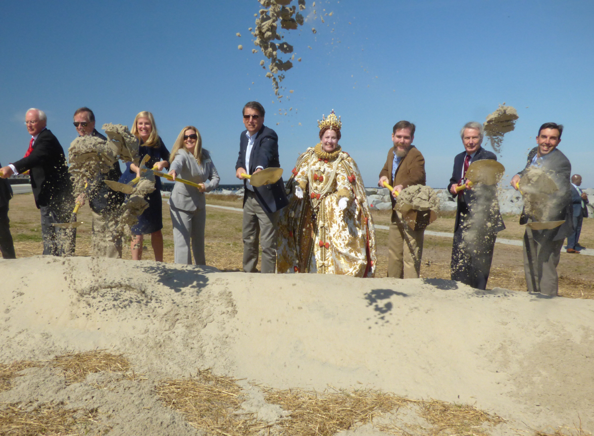 Groundbreaking. (LtoR) Bob Woodard, Chair Dare County Commissioners; Nicholas Tennyson, Secretary NCDOT; Shelley Blake, NCDOT lead counsel; Beth Midgett, bridge advocate; Governor Pat McCrory; Queen Elizabeth I; Lance Culpepper, The Lost Colony; Representative Walter Jones; Mike Charbonneau - Deputy Secretary of Communications, NCDOT.
