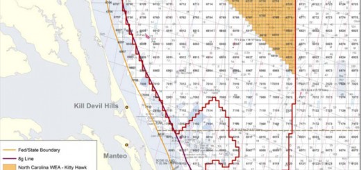 Kitty Hawk WEA. The lease area is the gold are in the north east corner. The boundaries are what was originally considered. Image, BOEM