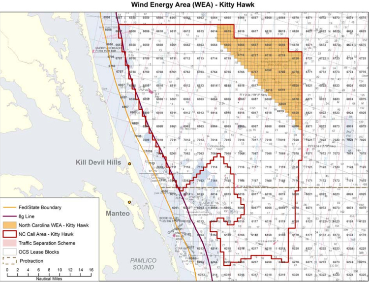 Kitty Hawk WEA. The lease area is the gold are in the north east corner. The boundaries are what was originally considered. Image, BOEM