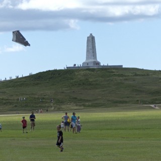 Flying sled kites at the Wright Brothers Memorial, NPS Centennial day.