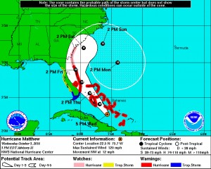Hurricane Matthew projected path, Wednesday, October 5. A consistent forecast Tuesday through Friday evening.