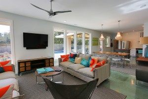 A wide view of the comfortably chic living space.