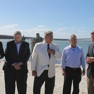 State officials at Hatteras Inlet press conference, Tuesday, September 21. L to R: Chief Deputy Secretary of Operations, Jim Trogdon; Warren Judge, Chair Dare County Commissioners; State Senator Bill Cook; State Transportation Secretary Tony Tata; State Representative Paul Tine.