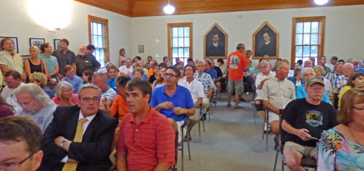 A more than SRO crowd gathered at Kitty Hawk Town Hall to learn about town and county plans for beach nourishment last night.