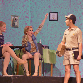LtoR-Sarah Vercauteren as Elle Woods, Kendyl Cosgrove as Poulette and Jose Valle as Kyle the UPS Driver.