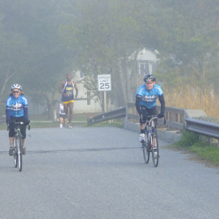 Coming over the Moor Shore Road bridge in Kitty Hawk with race winner Will Christian in the lead.