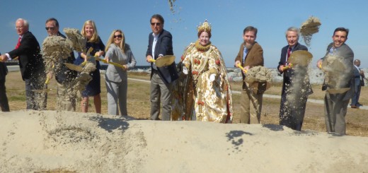 Groundbreaking. (LtoR) Bob Woodard, Chair Dare County Commissioners; Nicholas Tennyson, Secretary NCDOT; Shelley Blake, NCDOT lead counsel; Beth Midgett, bridge advocate; Governor Pat McCrory; Queen Elizabeth I; Lance Culpepper, The Lost Colony; Representative Walter Jones; Mike Charbonneau - Deputy Secretary of Communications, NCDOT.
