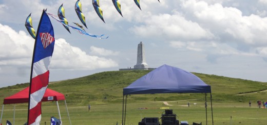 A stack of two line delta kites flying in the kite area. Photo, Kip Tabb