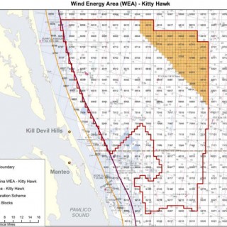 Kitty Hawk WEA. The lease area is the gold are in the north east corner. The boundaries are what was originally considered. Image, BOEM